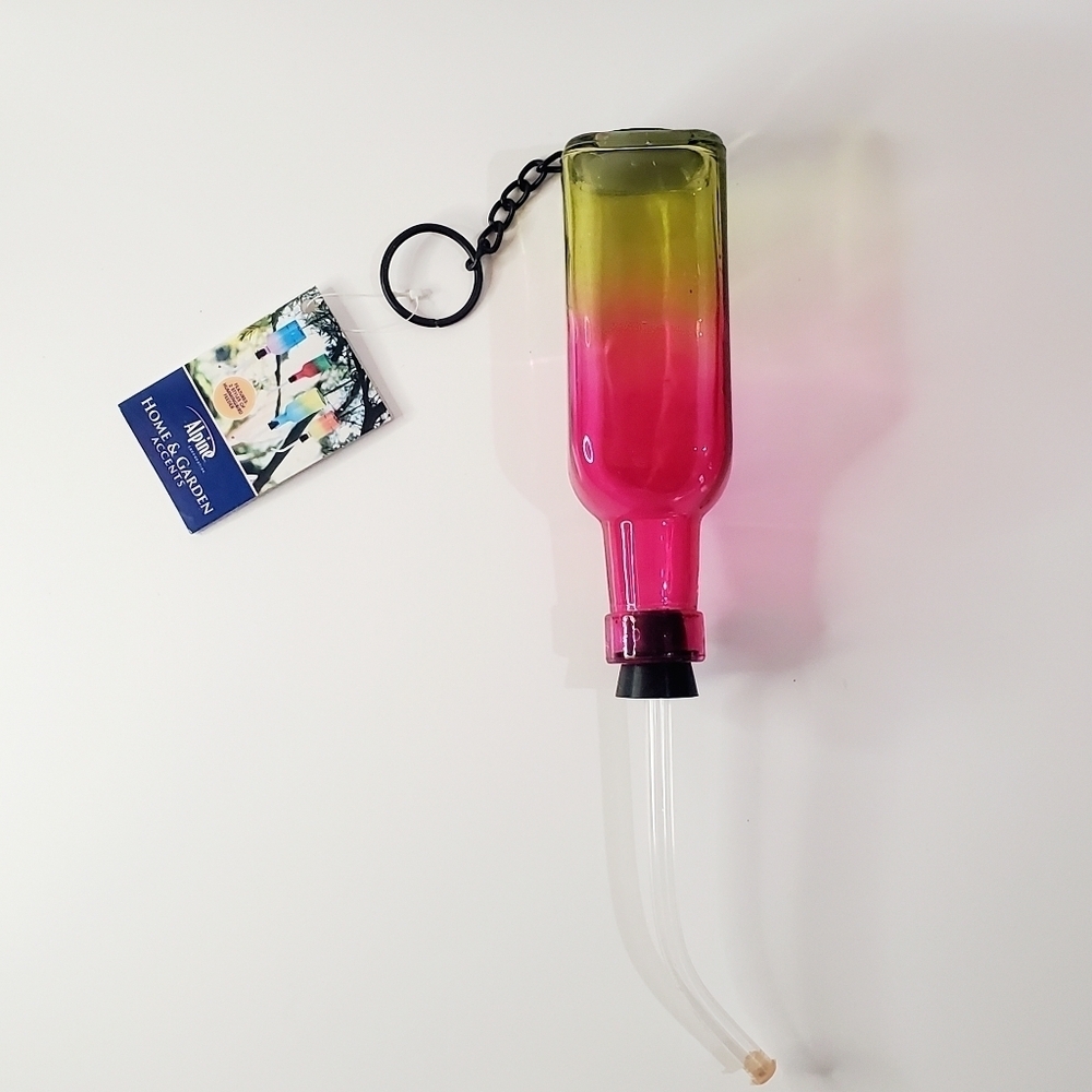 ALPINE Colorful Glass Hummingbird Feeder Pink and Yellow Home & Garden Accents